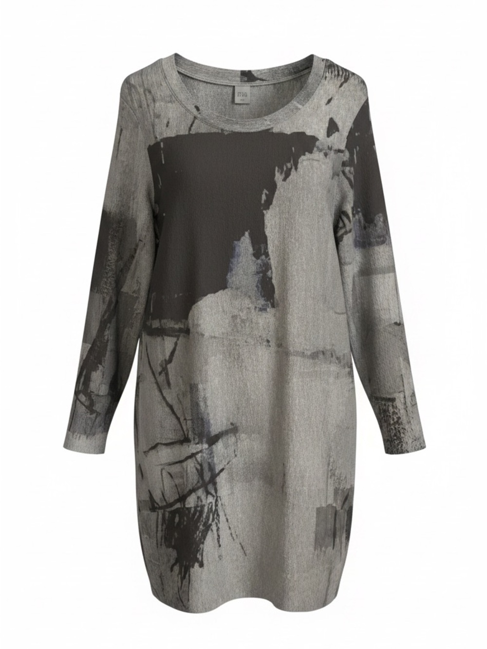 Abstract Brushstroke Long-Sleeve Tunic Dress - Gray